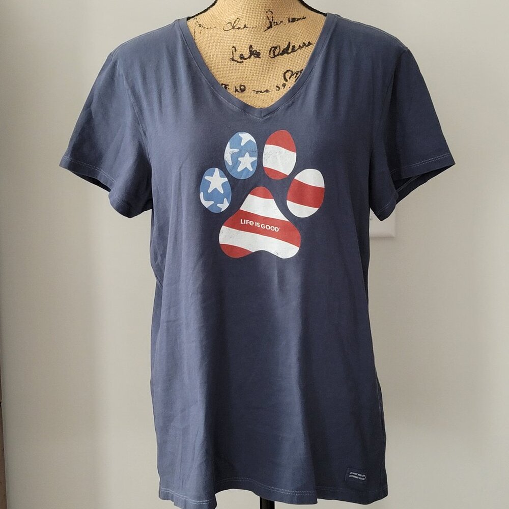 Ladies Life is Good  Blue Paw Print Patriotic V-neck Crusher Tee   Large